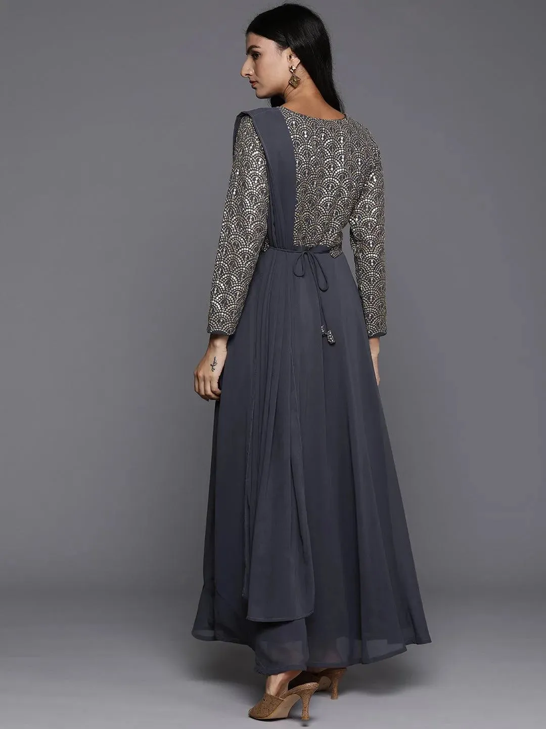 Grey Embroidered Georgette Gown Dress