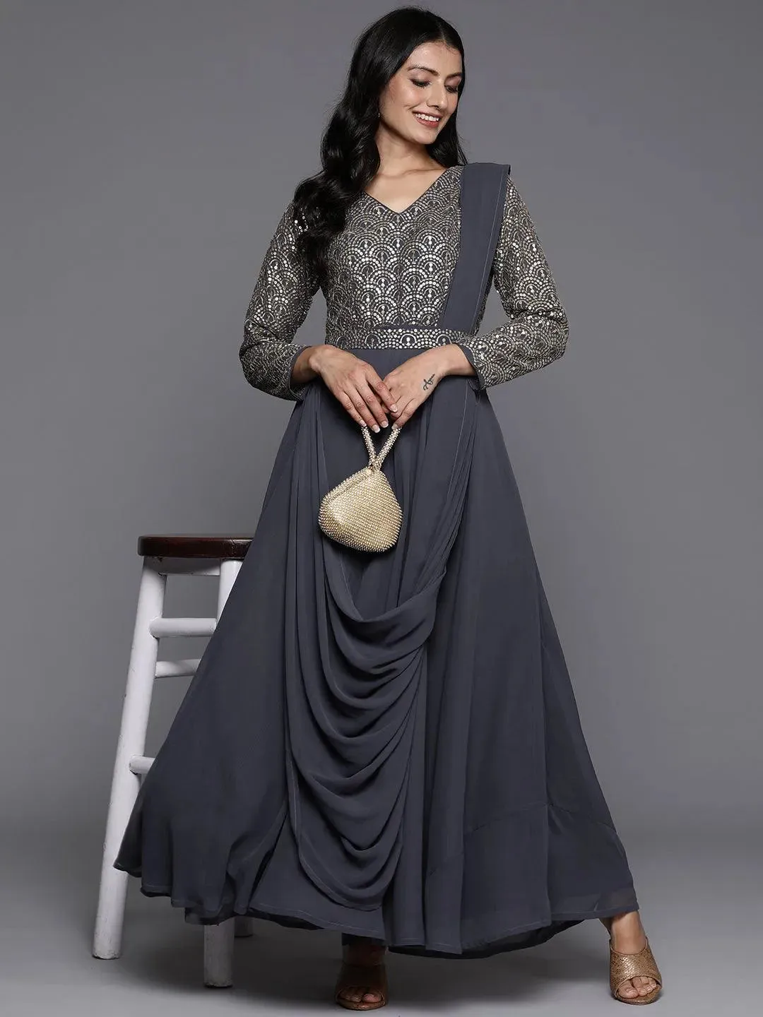 Grey Embroidered Georgette Gown Dress