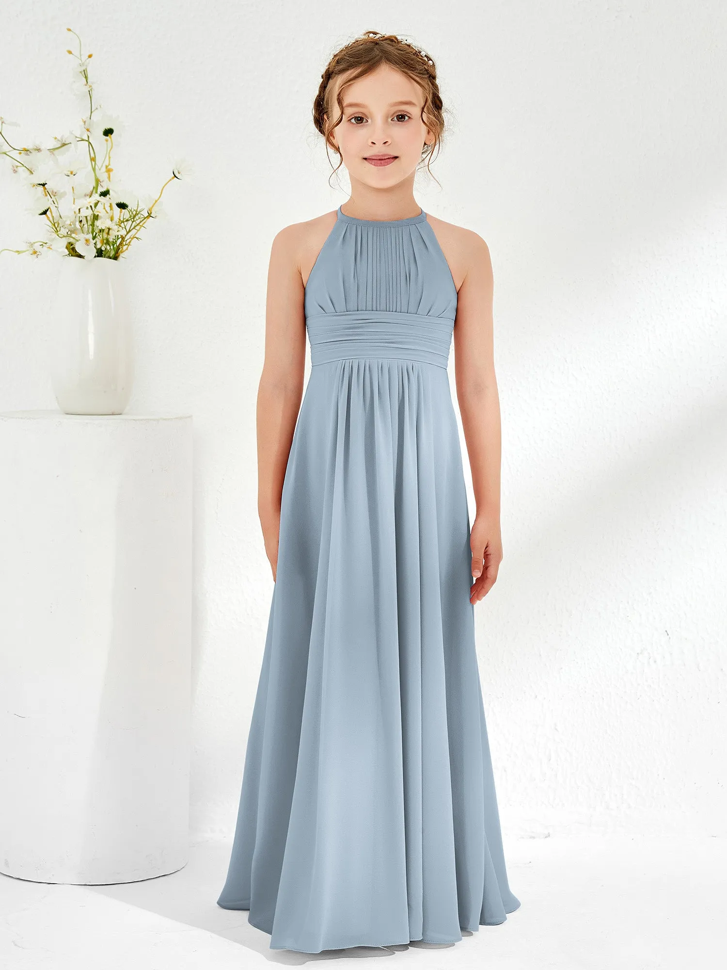 Halter Chiffon Junior Bridesmaid Dresses Dusty Blue