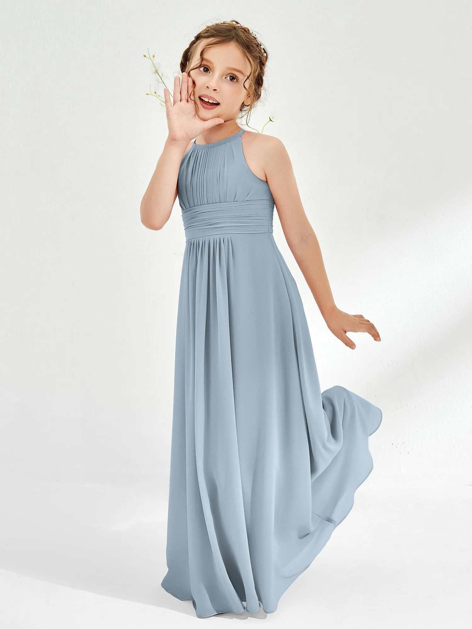 Halter Chiffon Junior Bridesmaid Dresses Dusty Blue