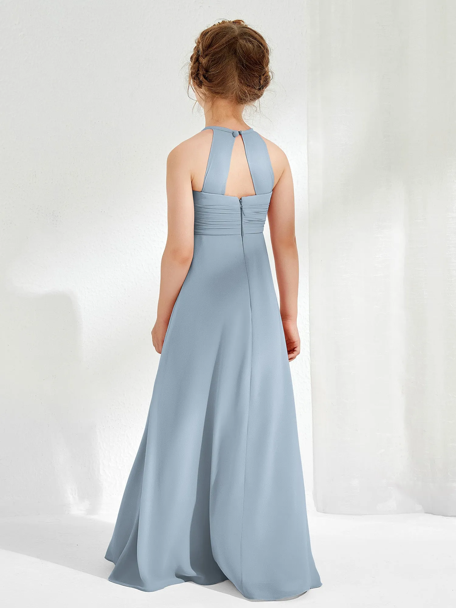 Halter Chiffon Junior Bridesmaid Dresses Dusty Blue