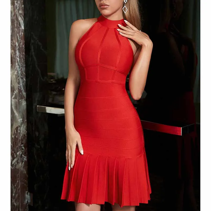 Halter Neck Sleeveless Ruched Backless Party Cocktail Mini Party Dresses