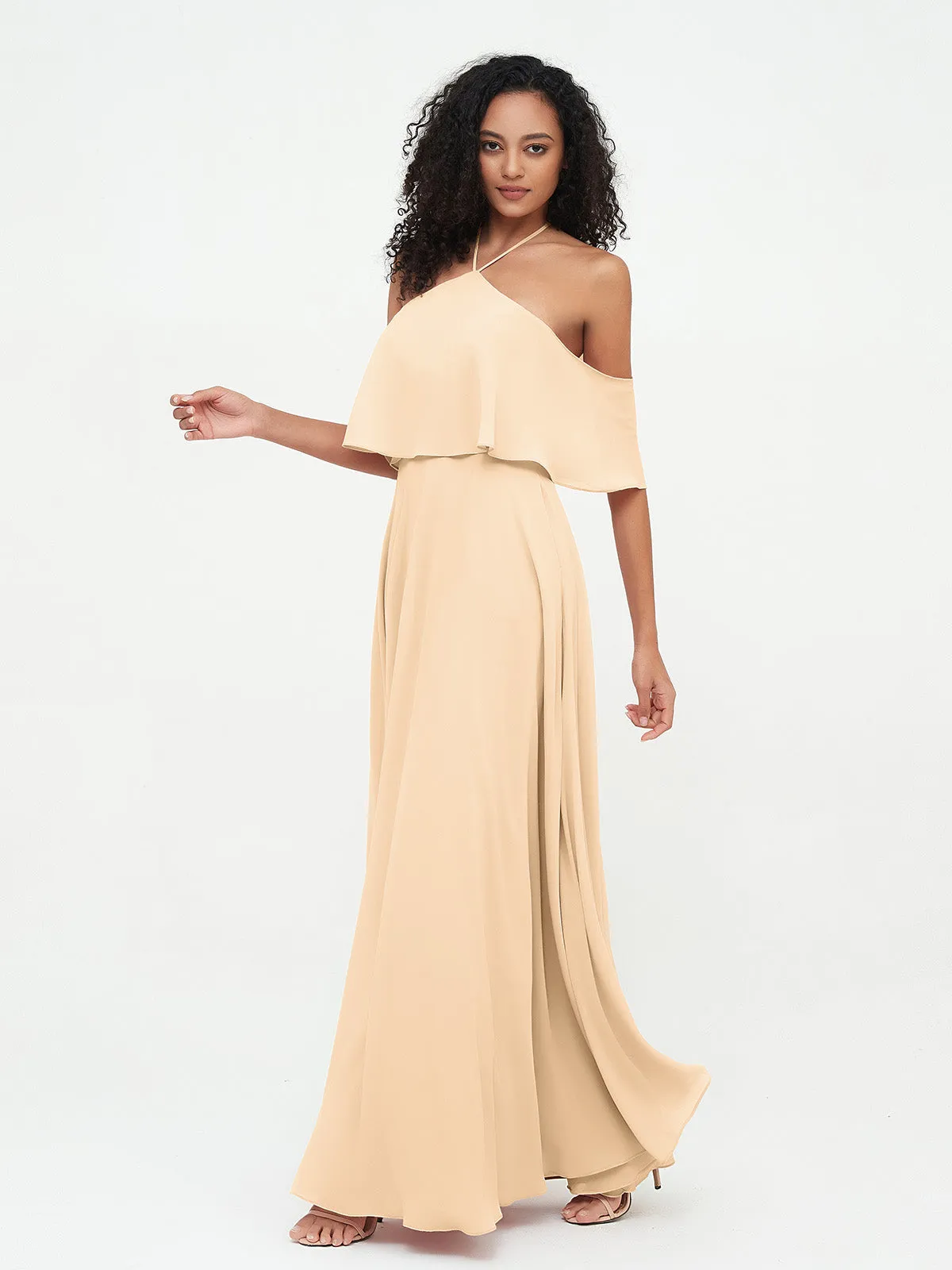 Halter Off the Shoulder Max Dresses with Pockets-Peach Plus Size