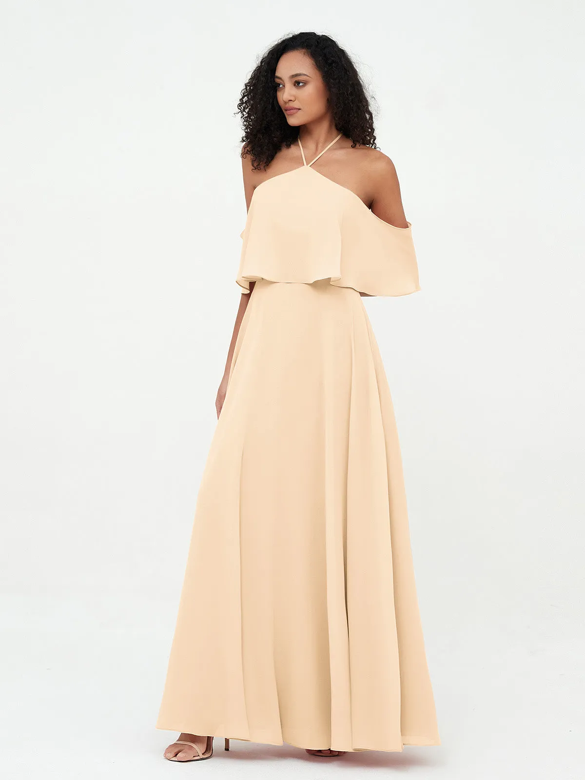 Halter Off the Shoulder Max Dresses with Pockets-Peach Plus Size