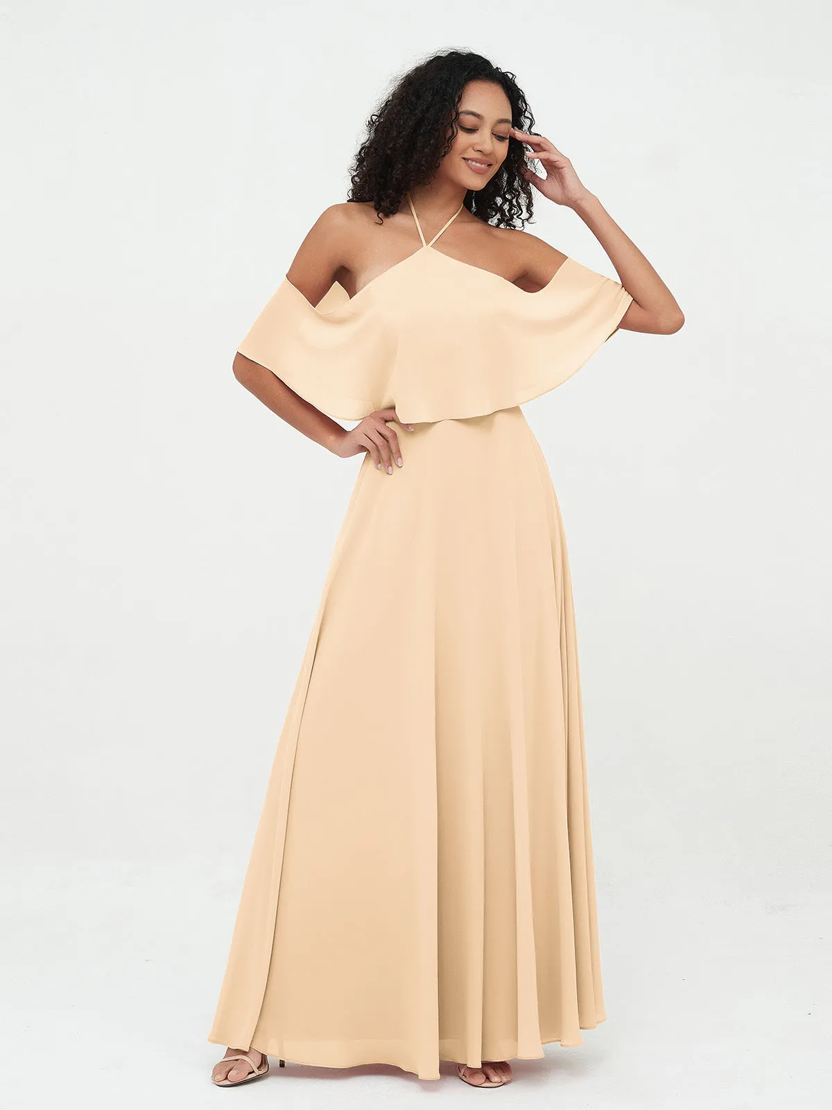 Halter Off the Shoulder Max Dresses with Pockets-Peach Plus Size