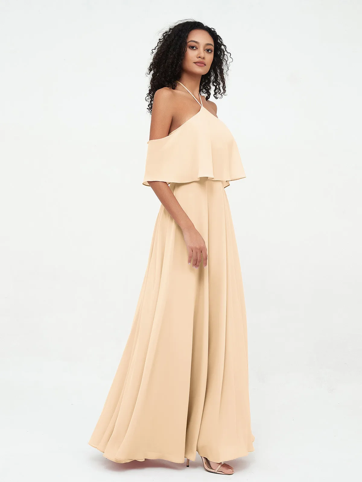 Halter Off the Shoulder Max Dresses with Pockets-Peach Plus Size