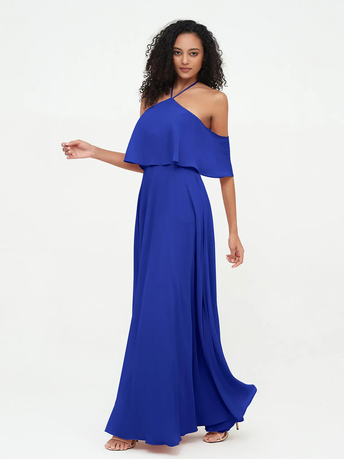 Halter Off the Shoulder Max Dresses with Pockets-Royal Blue