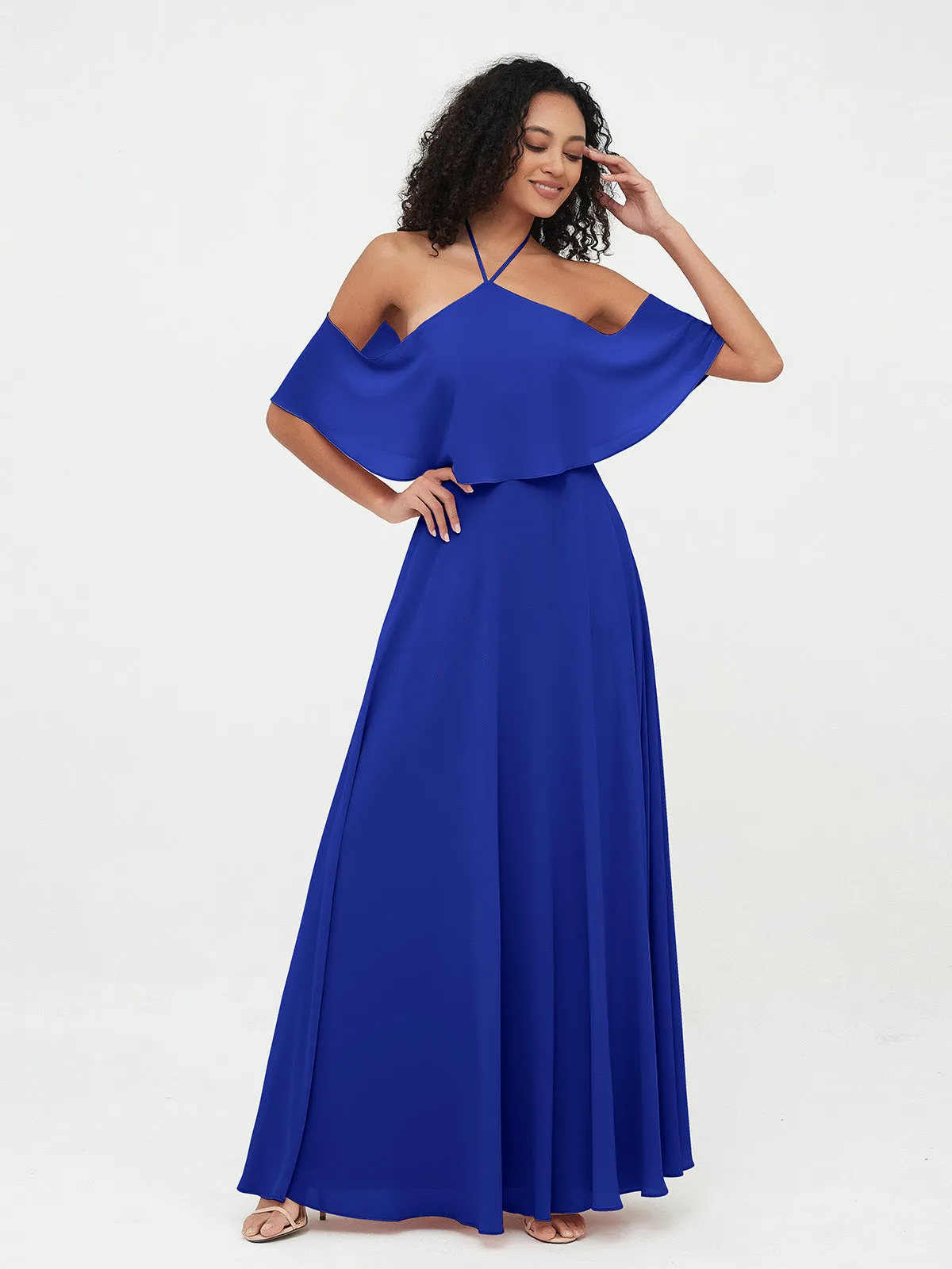 Halter Off the Shoulder Max Dresses with Pockets-Royal Blue