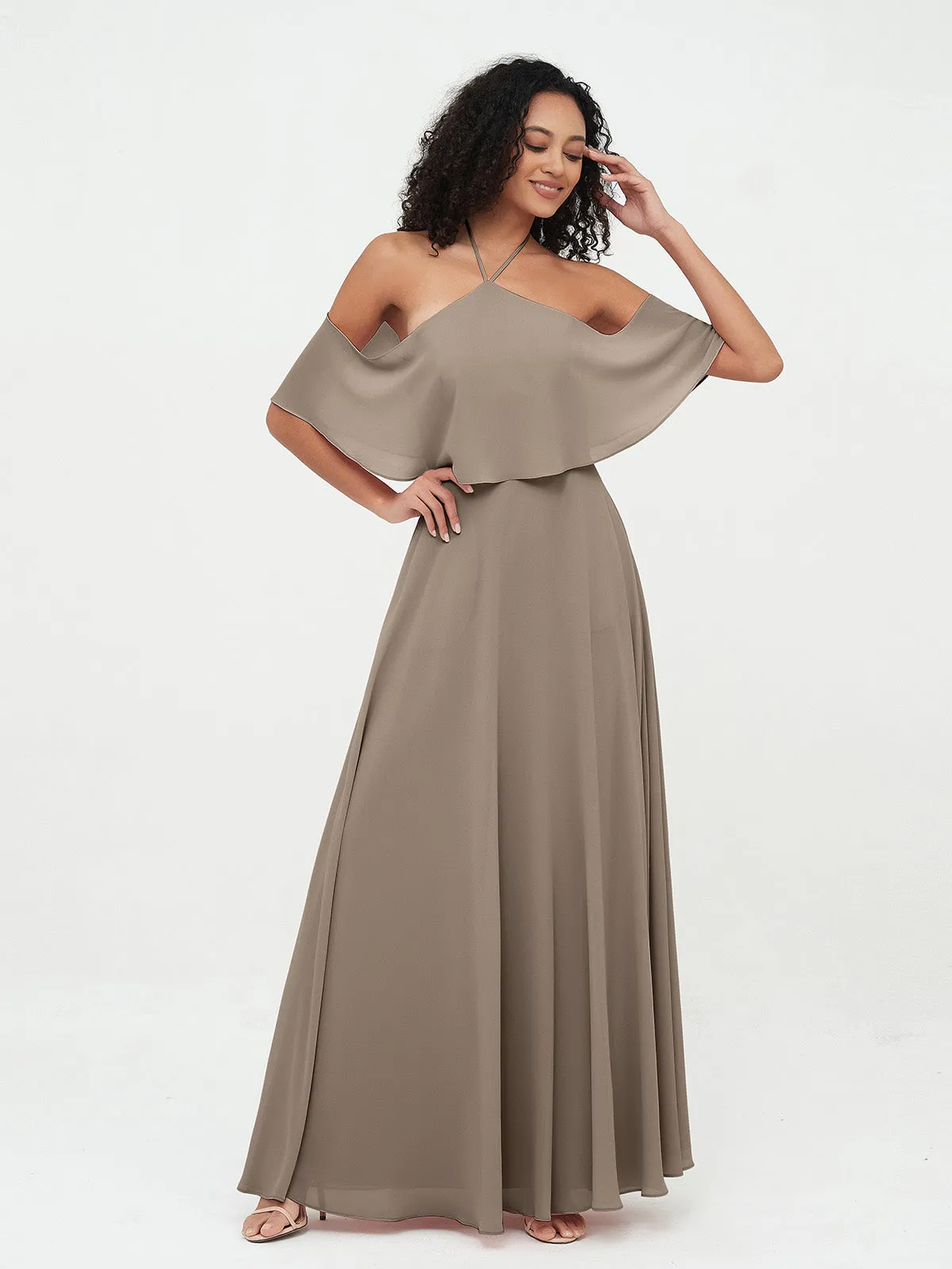 Halter Off the Shoulder Max Dresses with Pockets-Taupe Plus Size