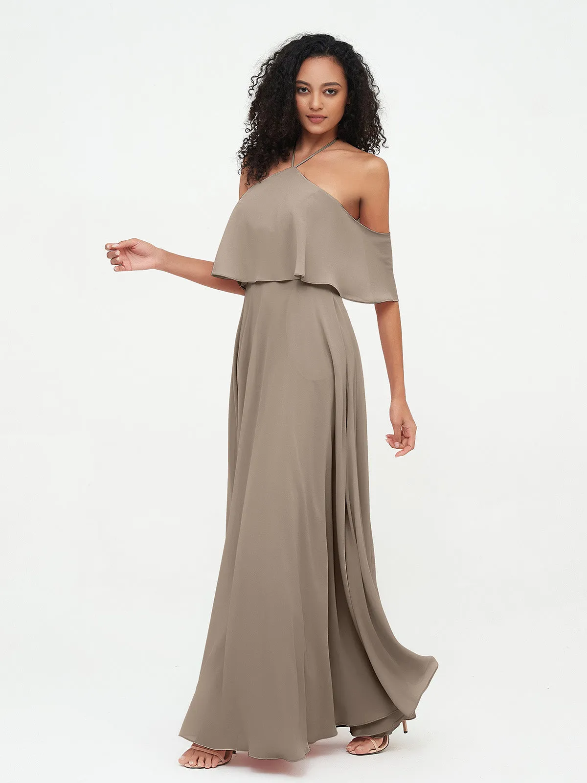 Halter Off the Shoulder Max Dresses with Pockets-Taupe Plus Size