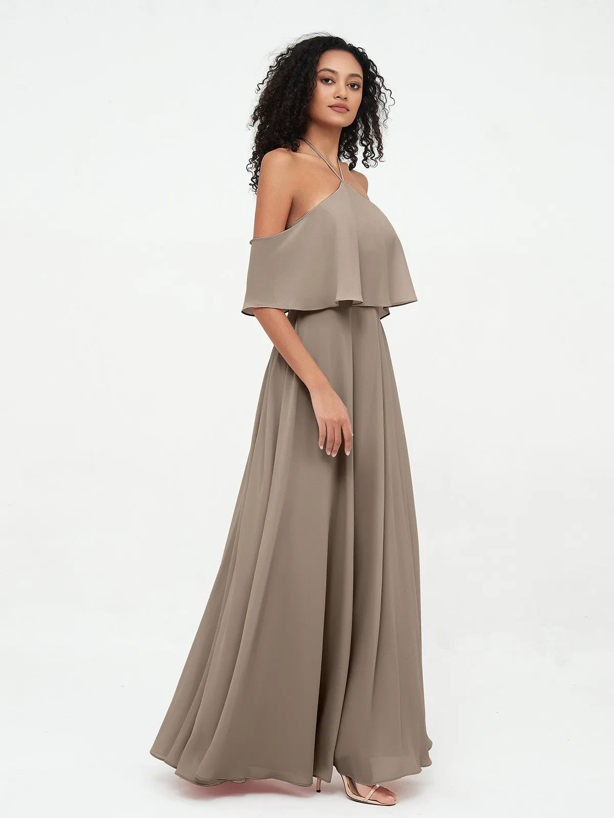 Halter Off the Shoulder Max Dresses with Pockets-Taupe Plus Size