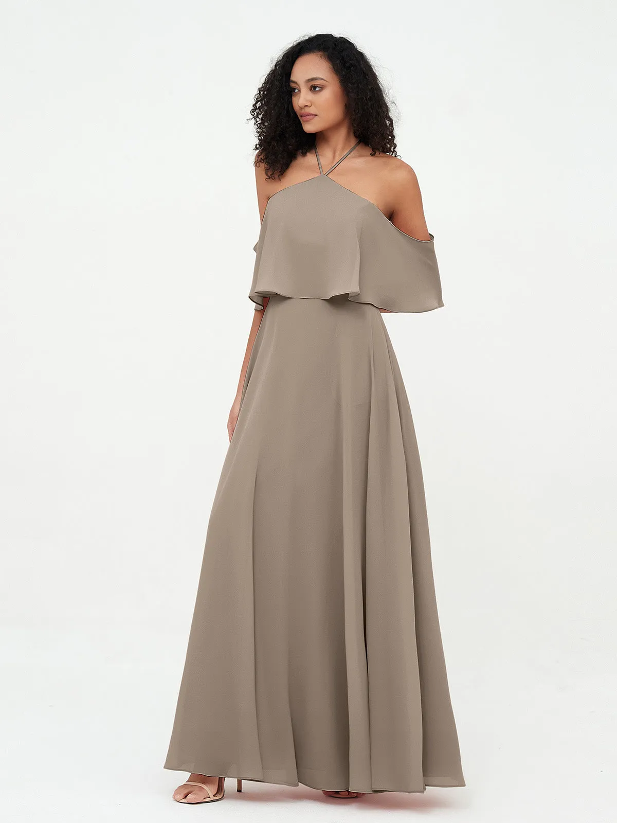 Halter Off the Shoulder Max Dresses with Pockets-Taupe Plus Size