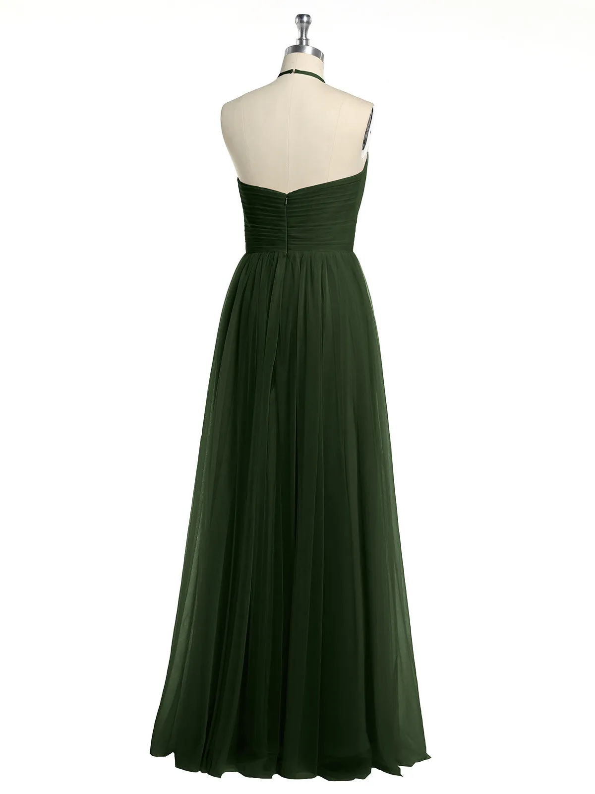 Illusion Neck Corss Waist Tulle Dresses-Olive Green