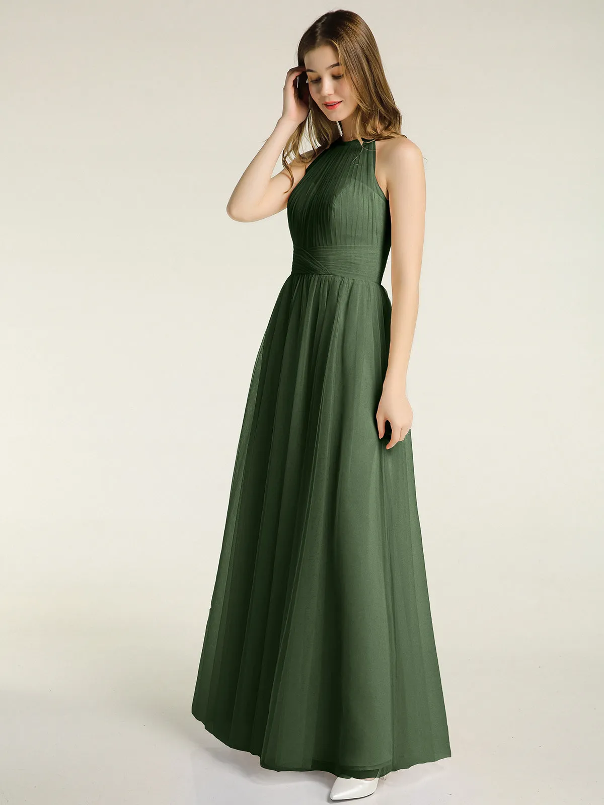 Illusion Neck Corss Waist Tulle Dresses-Olive Green