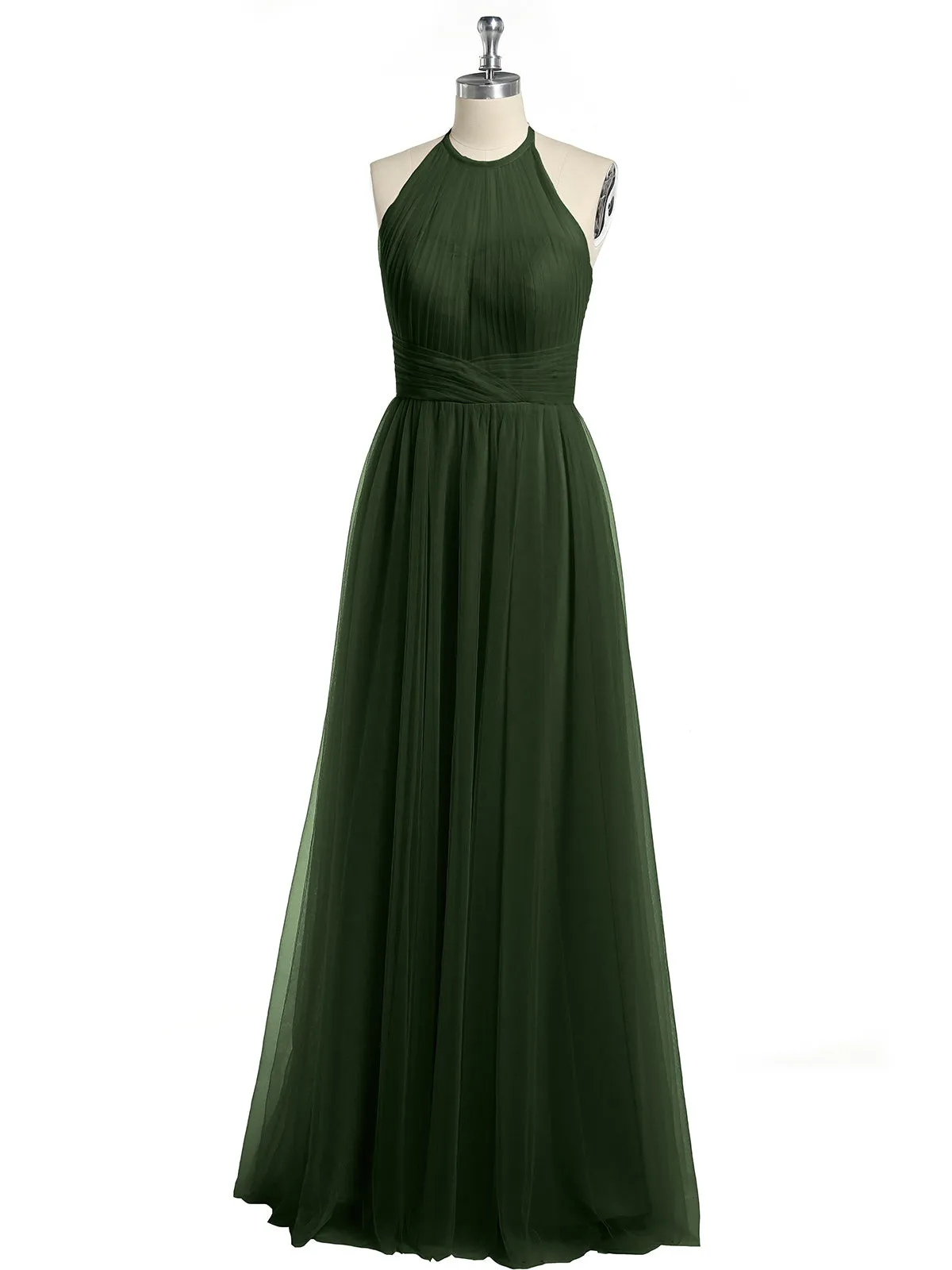 Illusion Neck Corss Waist Tulle Dresses-Olive Green