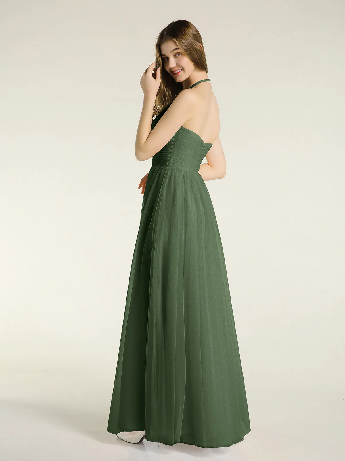 Illusion Neck Corss Waist Tulle Dresses-Olive Green