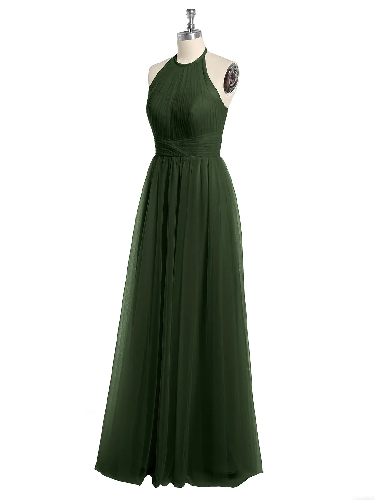 Illusion Neck Corss Waist Tulle Dresses-Olive Green