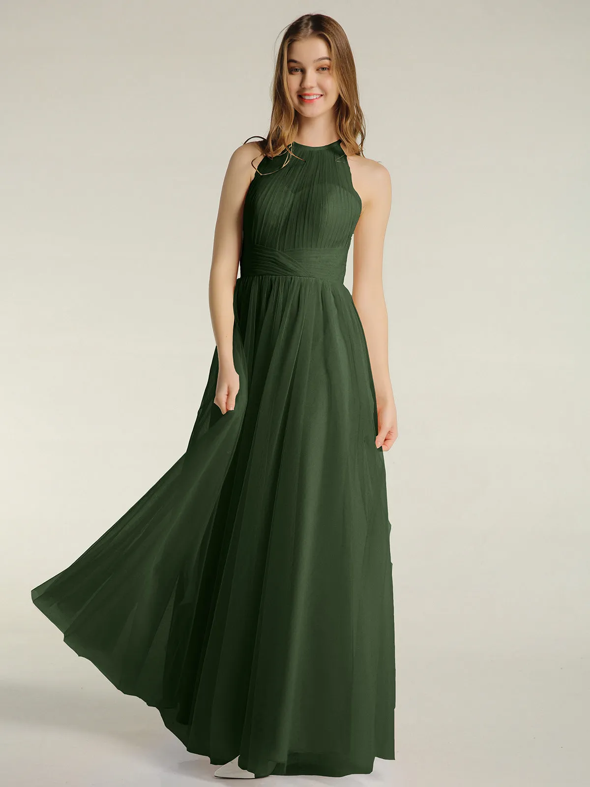 Illusion Neck Corss Waist Tulle Dresses-Olive Green