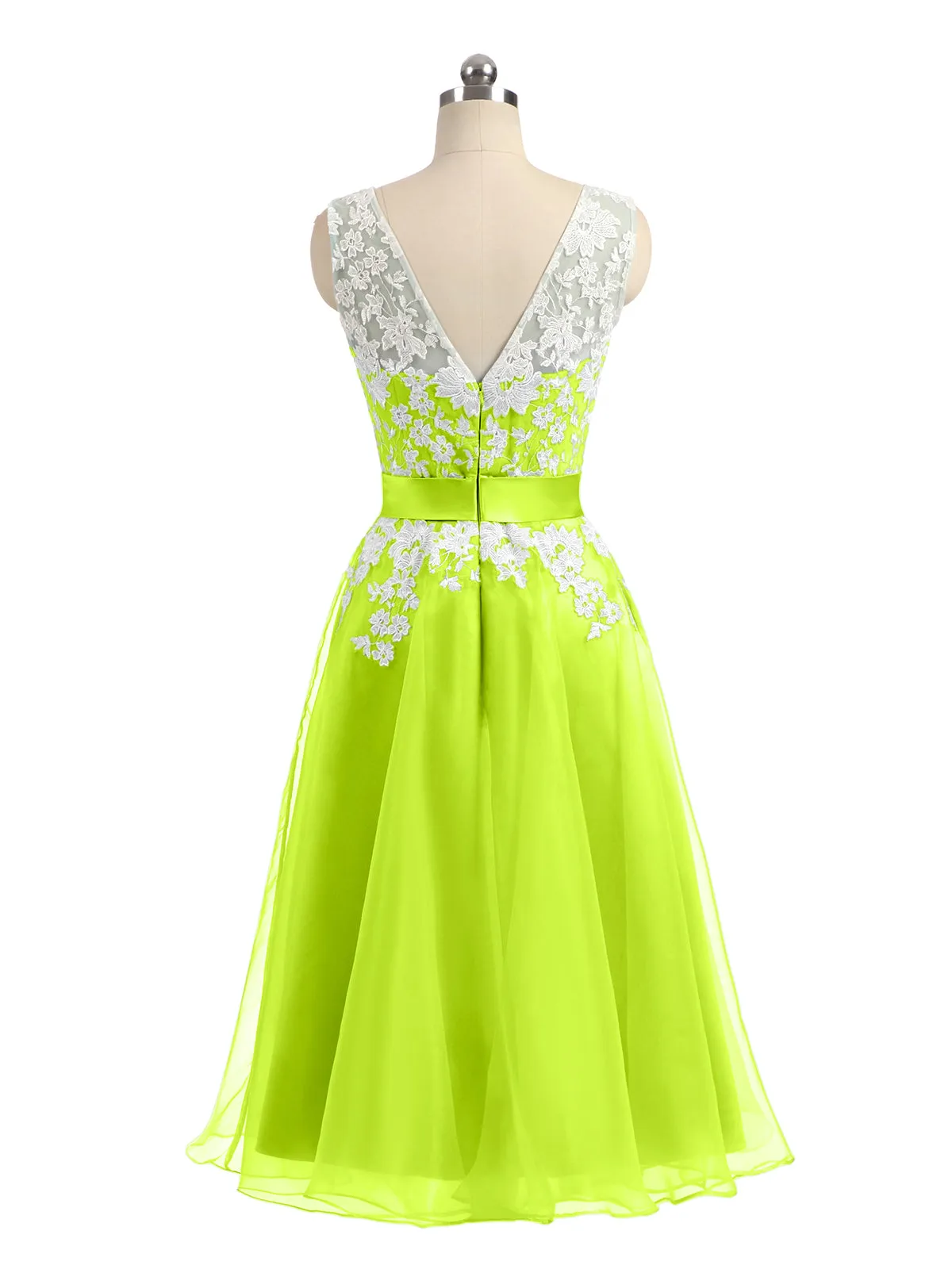 Illusion Neck Organza with Ivory Lace Appliqued Lime Green