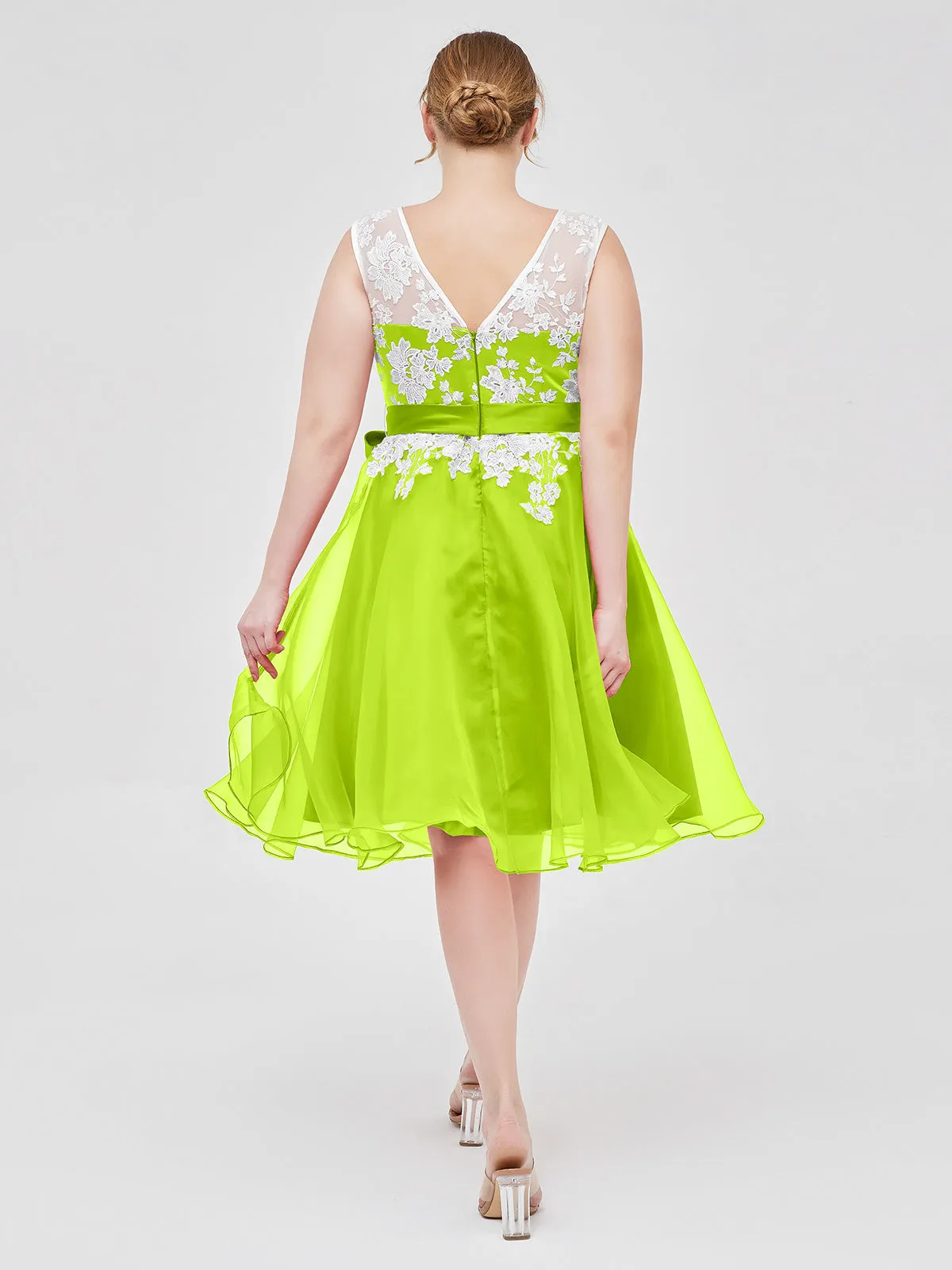 Illusion Neck Organza with Ivory Lace Appliqued Lime Green