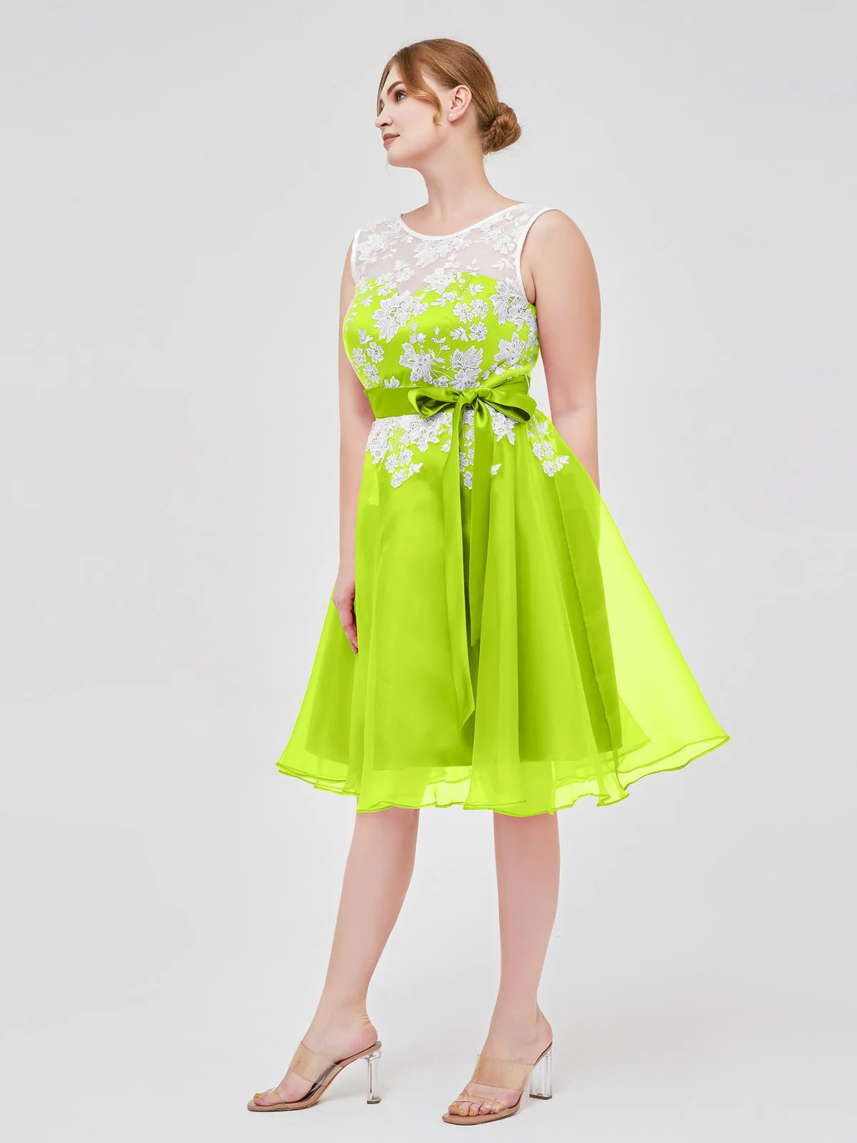 Illusion Neck Organza with Ivory Lace Appliqued Lime Green