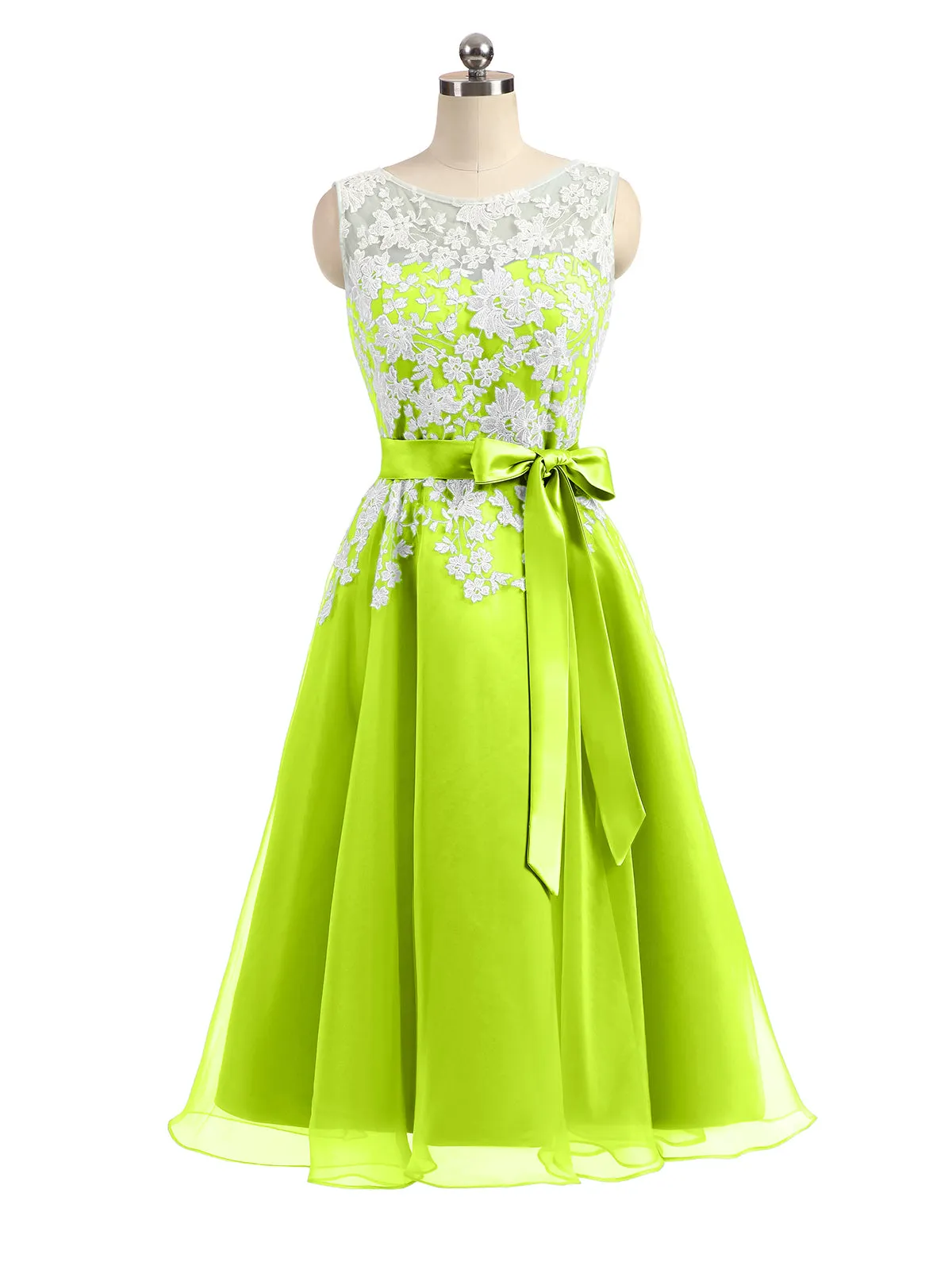 Illusion Neck Organza with Ivory Lace Appliqued Lime Green