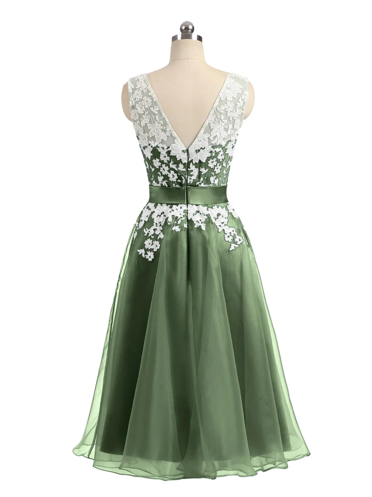 Illusion Neck Organza with Ivory Lace Appliqued Olive Green