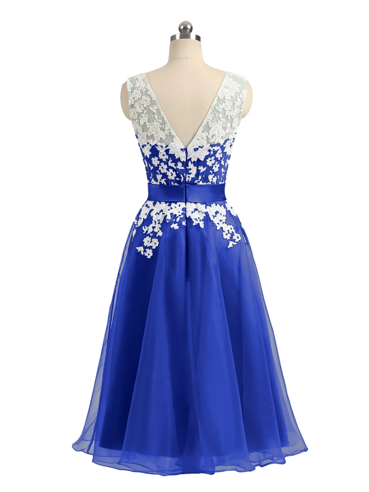 Illusion Neck Organza with Ivory Lace Appliqued Royal Blue Plus Size