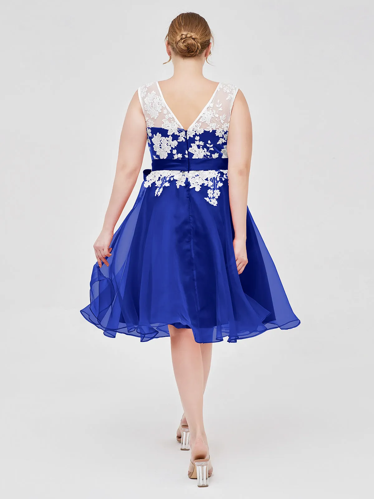 Illusion Neck Organza with Ivory Lace Appliqued Royal Blue Plus Size