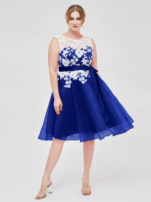 Illusion Neck Organza with Ivory Lace Appliqued Royal Blue Plus Size