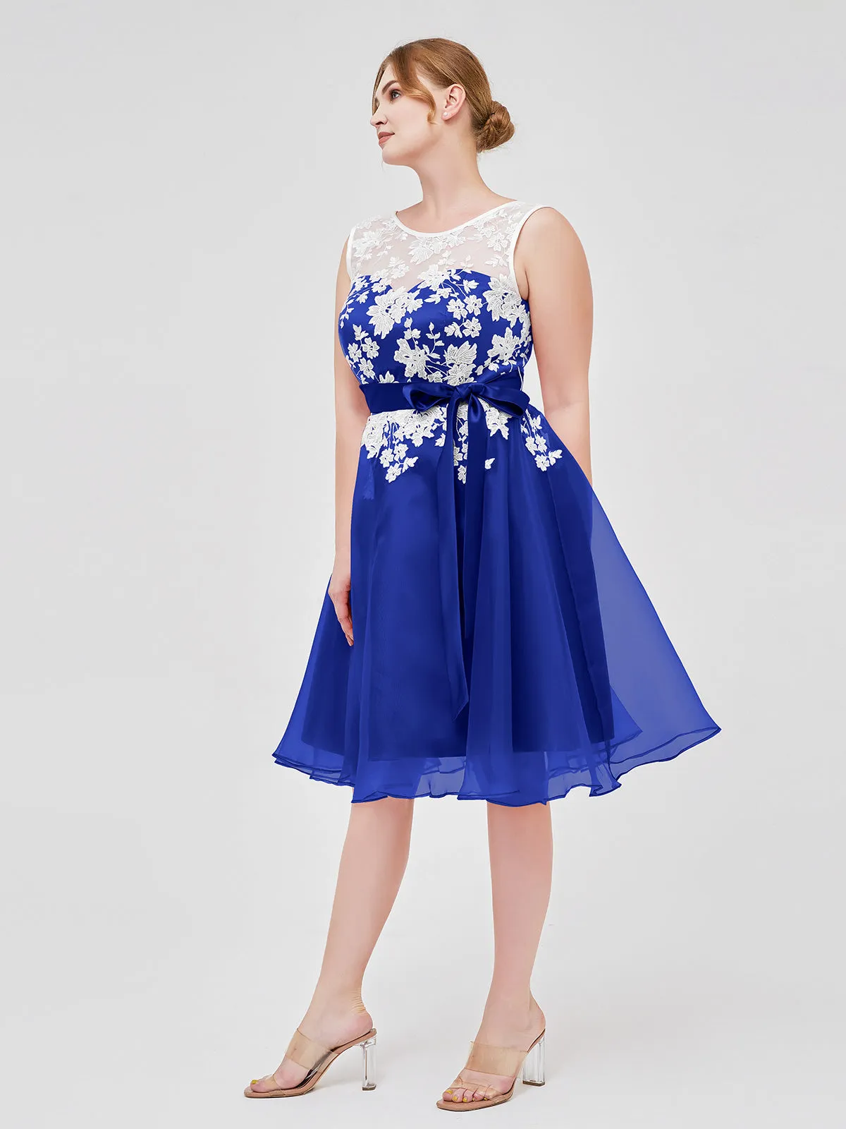 Illusion Neck Organza with Ivory Lace Appliqued Royal Blue Plus Size