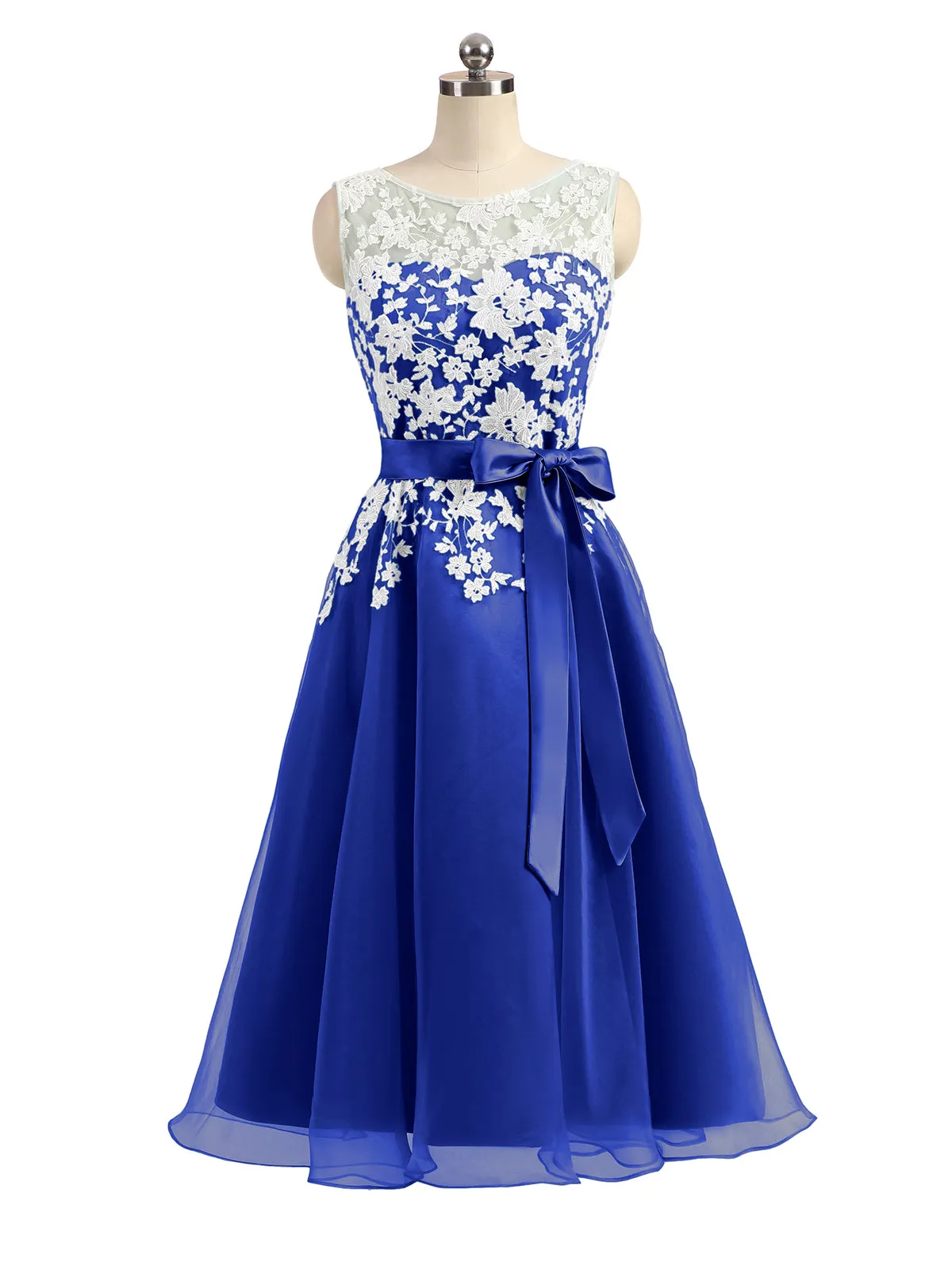 Illusion Neck Organza with Ivory Lace Appliqued Royal Blue Plus Size