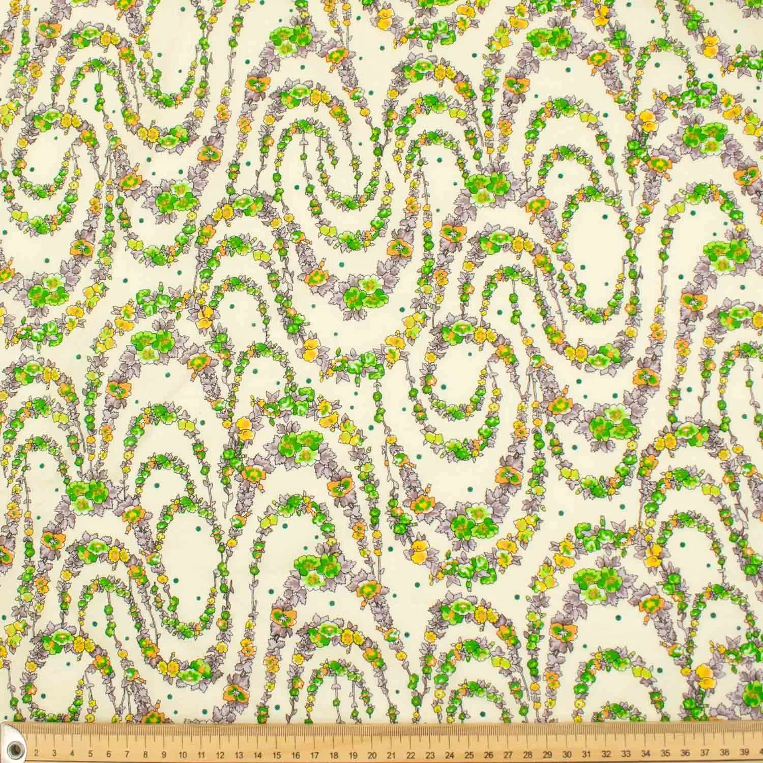 Japanese Pure Cotton Lawn Prints Design-148 Green Floral Vines on Pale Yellow