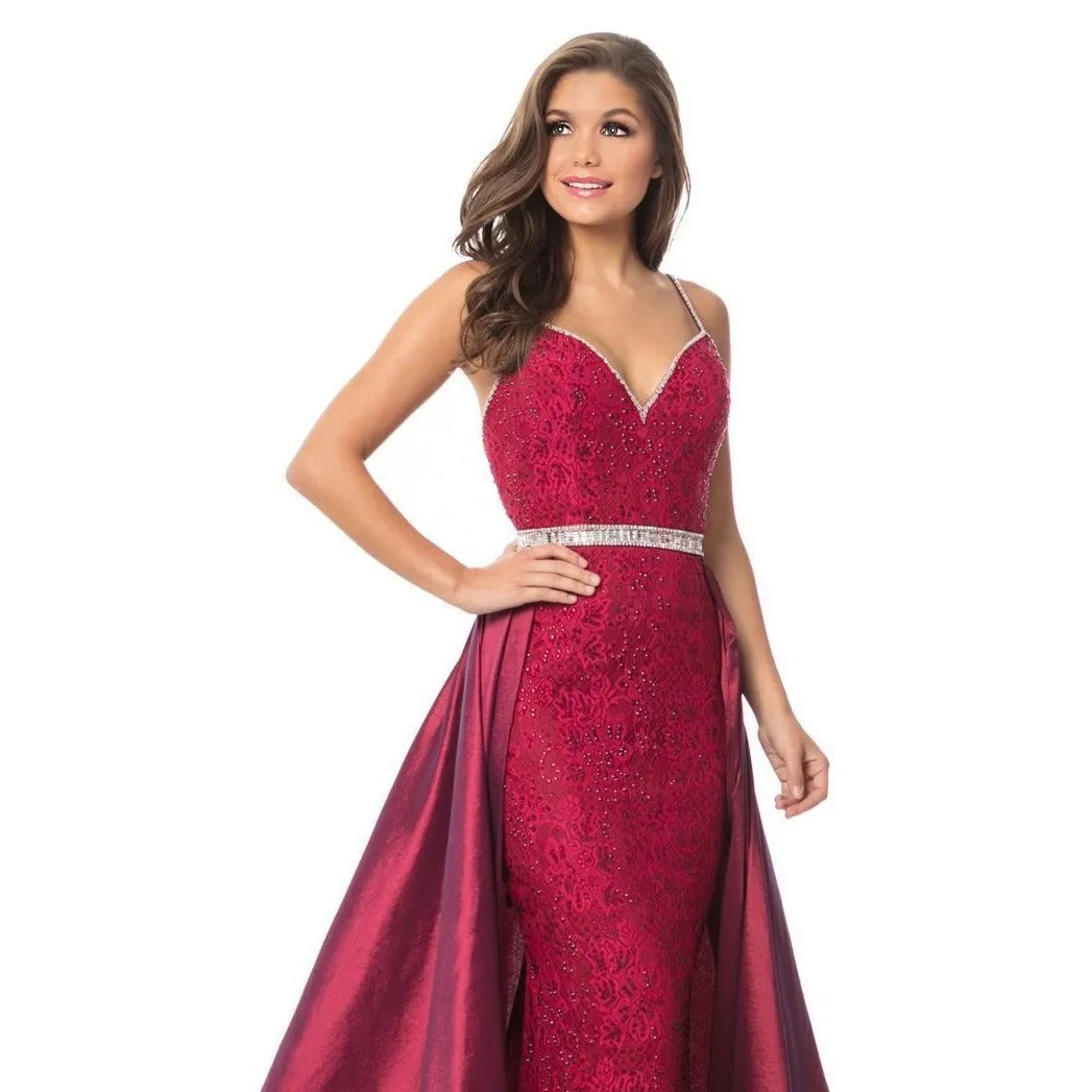 Johnathan Kayne 7242 Size 10 Raspberry Prom Dress Lace Pageant Gown OverSkirt Crystal Waistline Belt