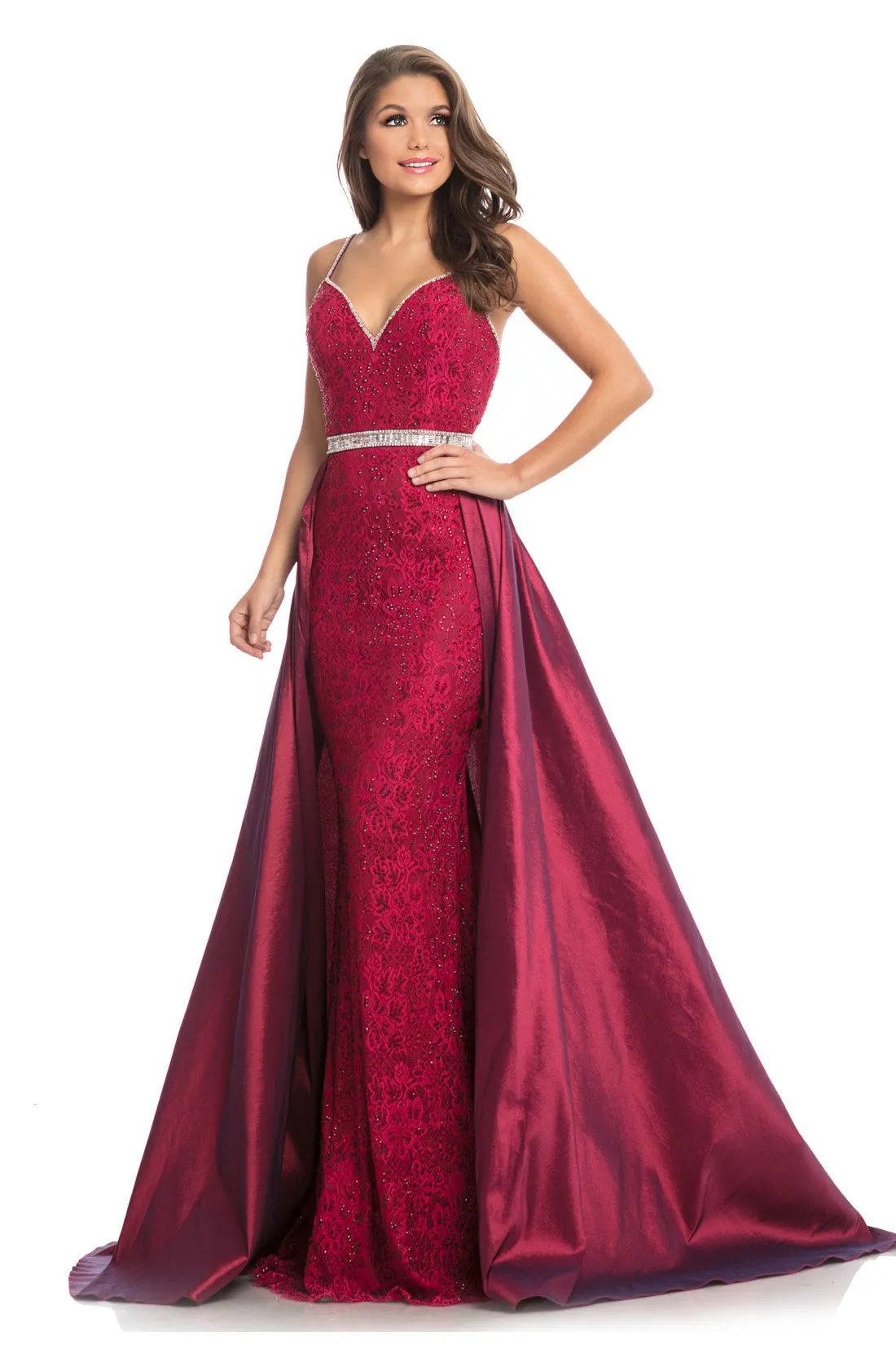 Johnathan Kayne 7242 Size 10 Raspberry Prom Dress Lace Pageant Gown OverSkirt Crystal Waistline Belt