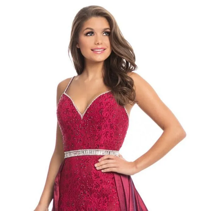 Johnathan Kayne 7242 Size 10 Raspberry Prom Dress Lace Pageant Gown OverSkirt Crystal Waistline Belt