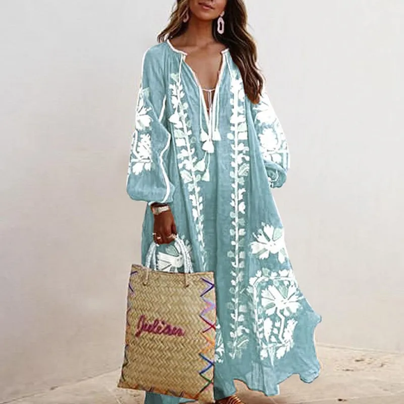 Joskaa Women Print O-Neck Long Dress Vintage Lantern Half Sleeve Dress Autumn Casual Bandage Sashes Maxi Dress Vestidos