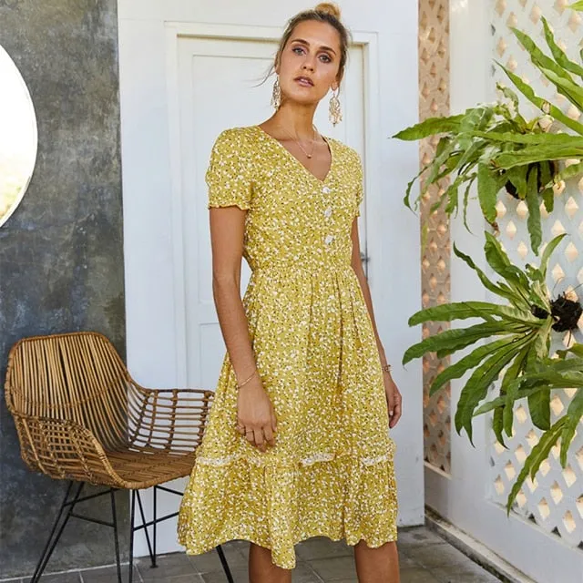 Julia Fashion - Yellow Casual Ladies Floral Print Dresses