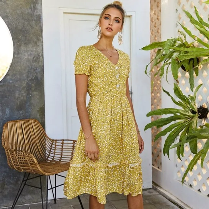 Julia Fashion - Yellow Casual Ladies Floral Print Dresses