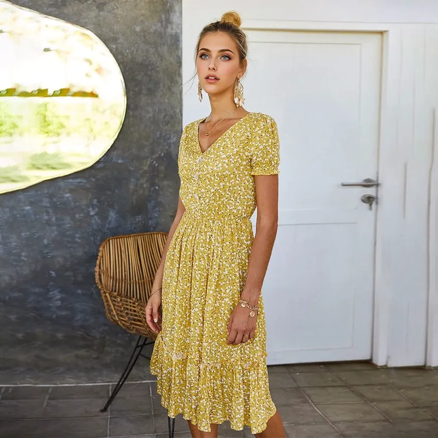 Julia Fashion - Yellow Casual Ladies Floral Print Dresses