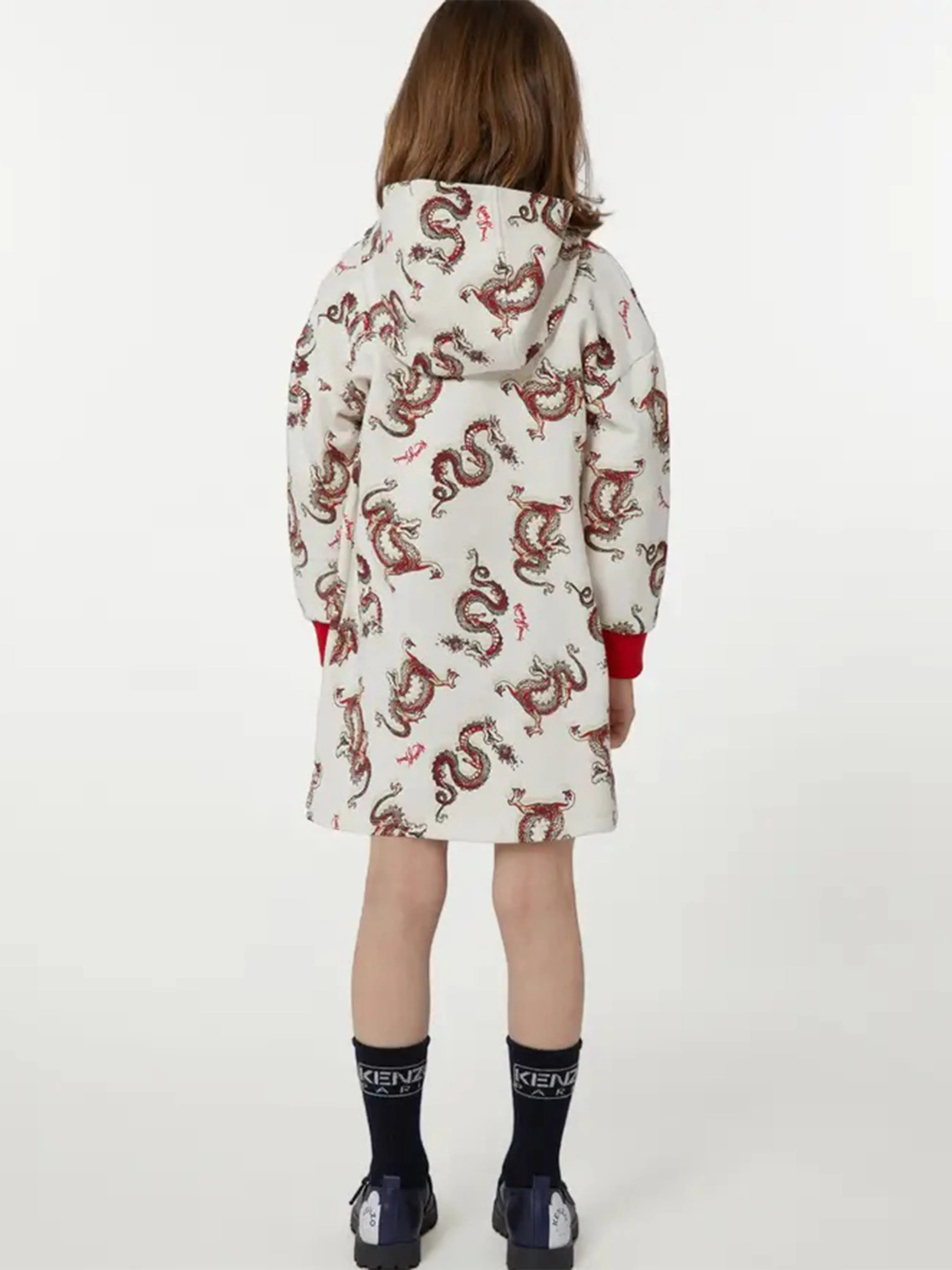 KENZO Girls Hooded Dragon Dress in Ivory