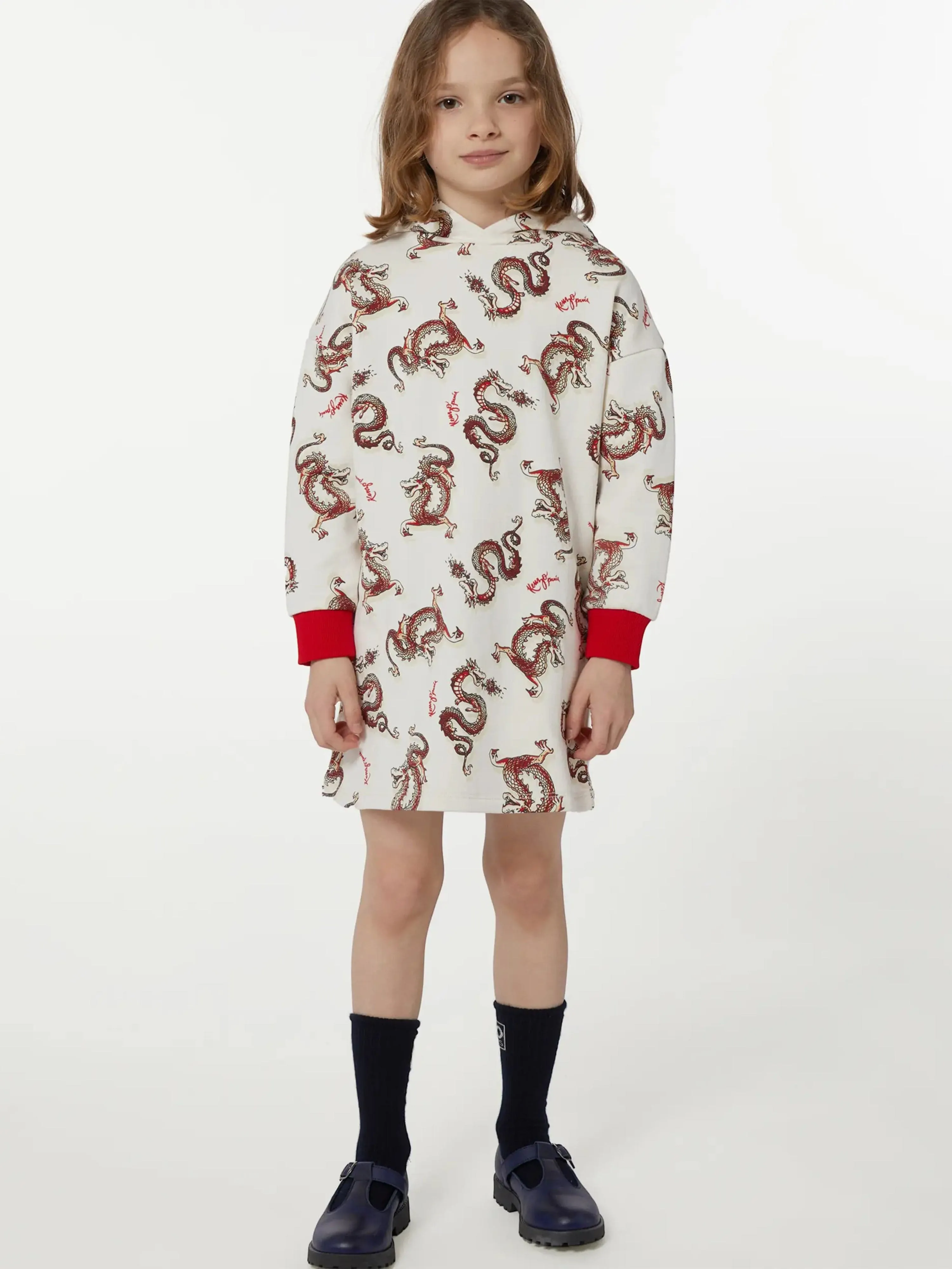 KENZO Girls Hooded Dragon Dress in Ivory