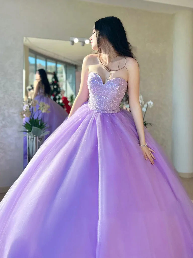 Lilac Tulle Ball Gown Beaded Long Prom Quinceanera Dresses