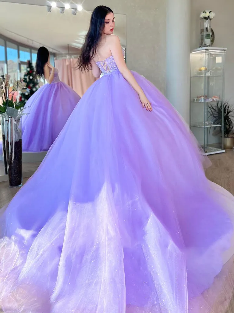 Lilac Tulle Ball Gown Beaded Long Prom Quinceanera Dresses