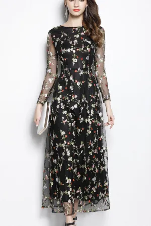 LONG SLEEVE EMBROIDERY ORGANZA LONG DRESS