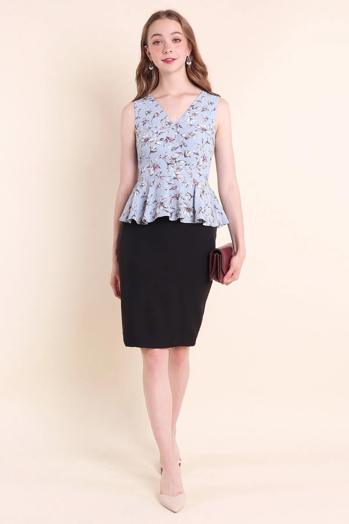 MADEBYNM DONATELLO FLORAL PEPLUM WORK DRESS IN POWDER BLUE [S/M/L]