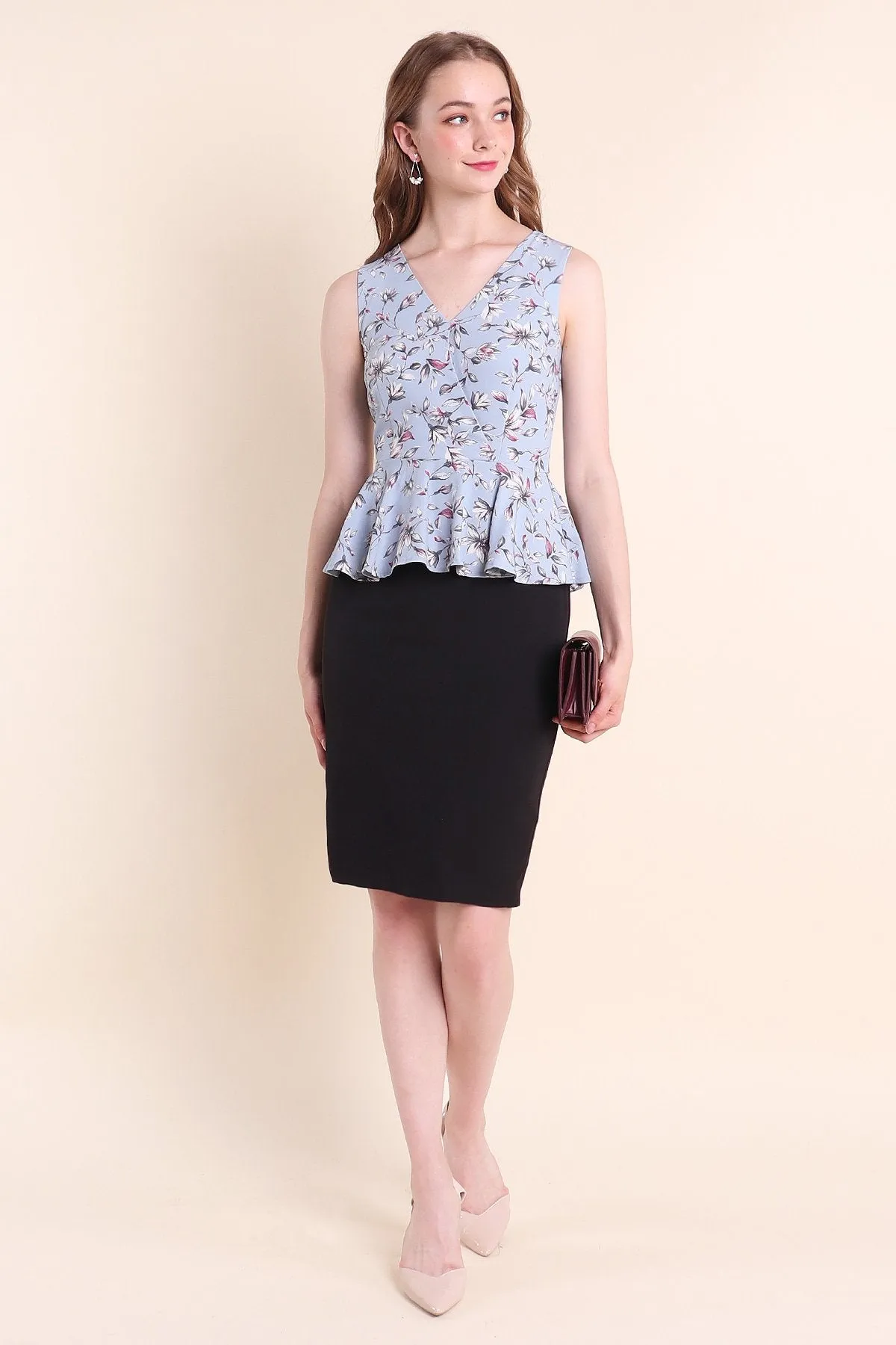 MADEBYNM DONATELLO FLORAL PEPLUM WORK DRESS IN POWDER BLUE [S/M/L]