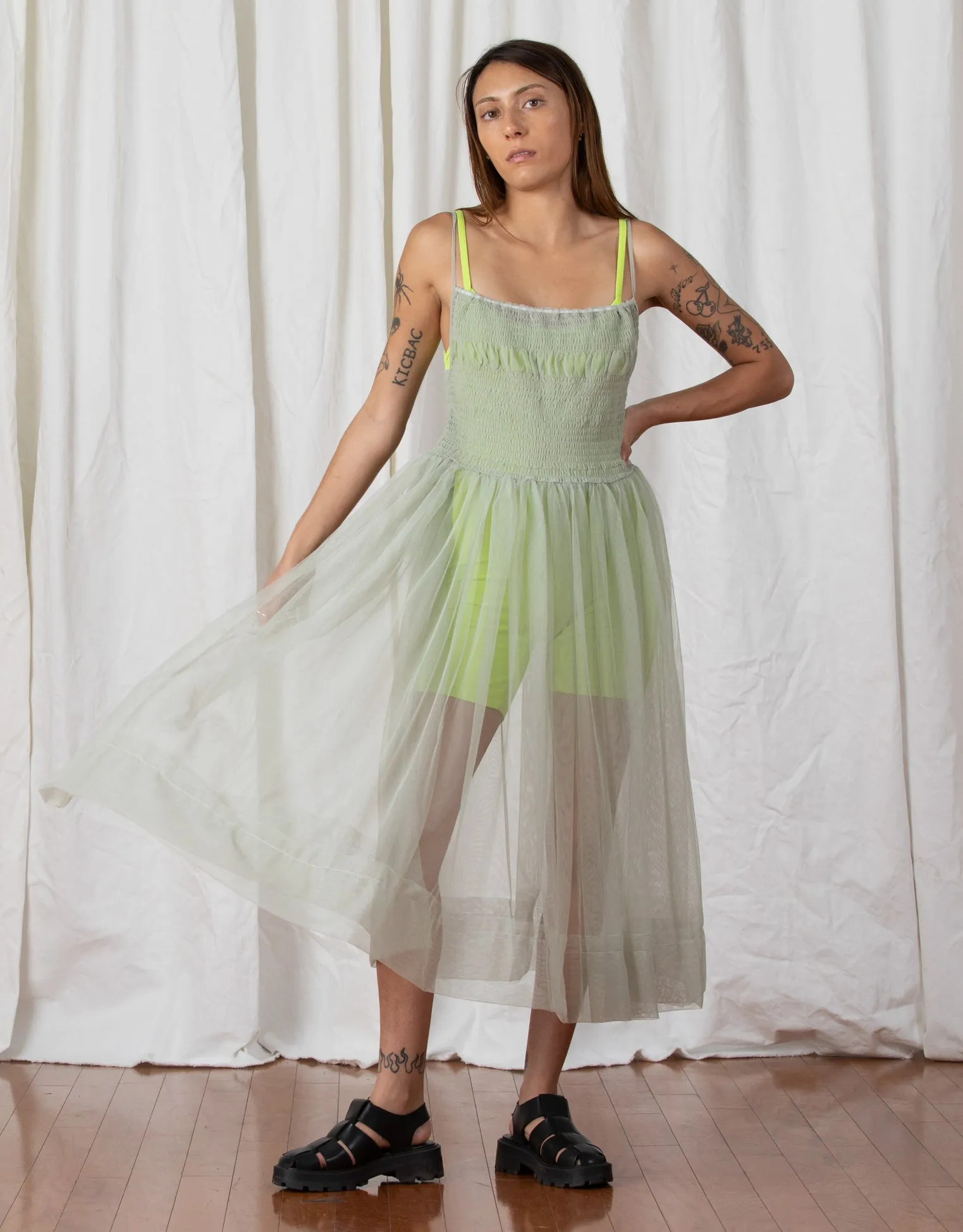 MESH BALLERINA DRESS - GREEN TEA