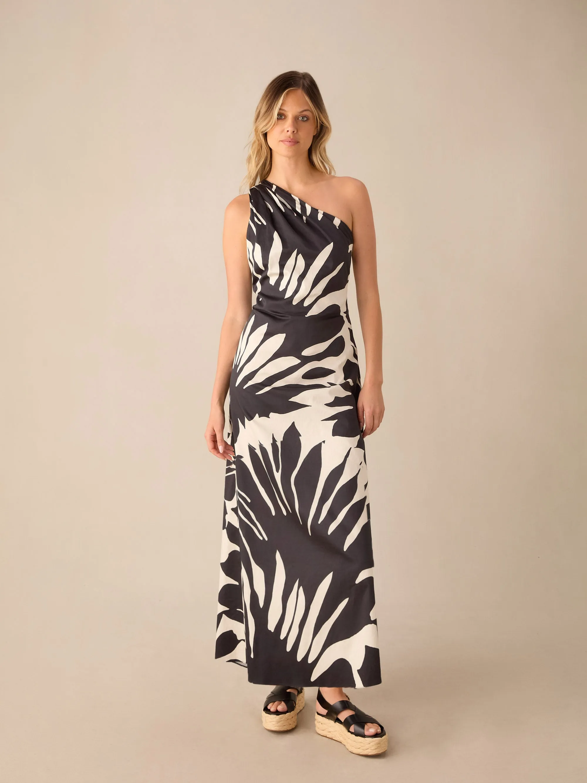 Mono Floral Cotton One Shoulder Maxi Dress