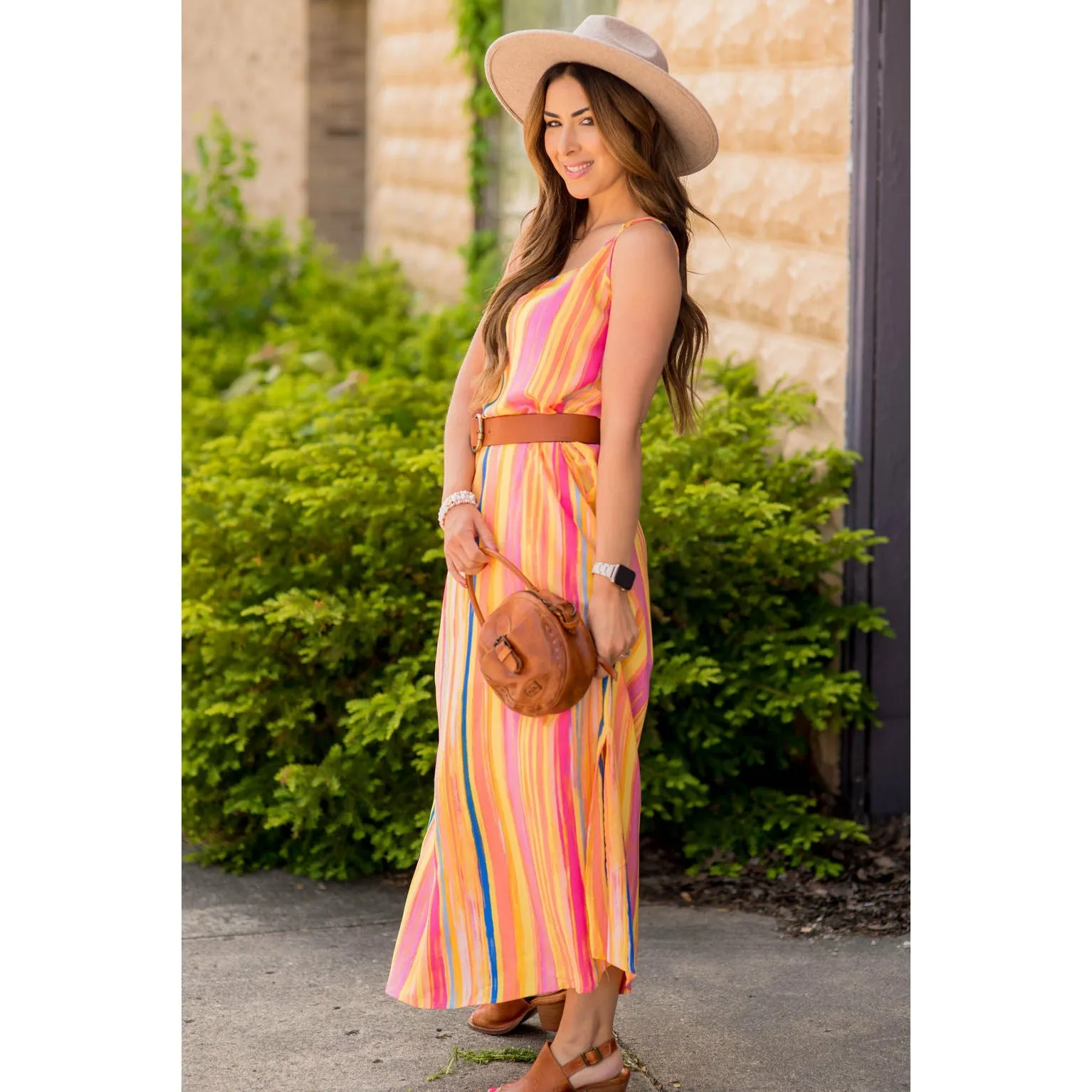 Multi Color Striped Thin Strapped Maxi